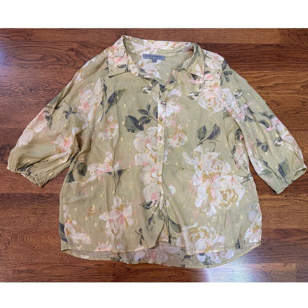 Alex & Parker Floral Button Down Blouse Women’s XL Tan Pink 3/4 Sleeve Casual